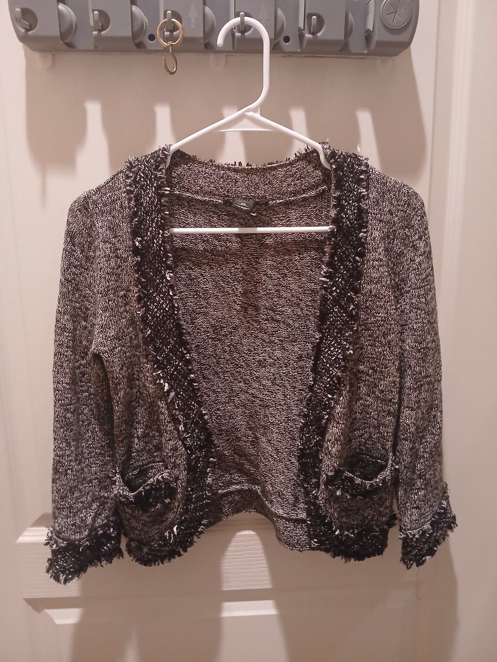 White House Black Market Black and White Fringe-Trim Open Cardigan